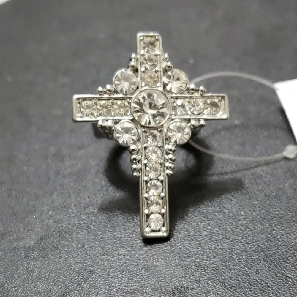 Silver tone cross stretch clear rhinestone statement ring